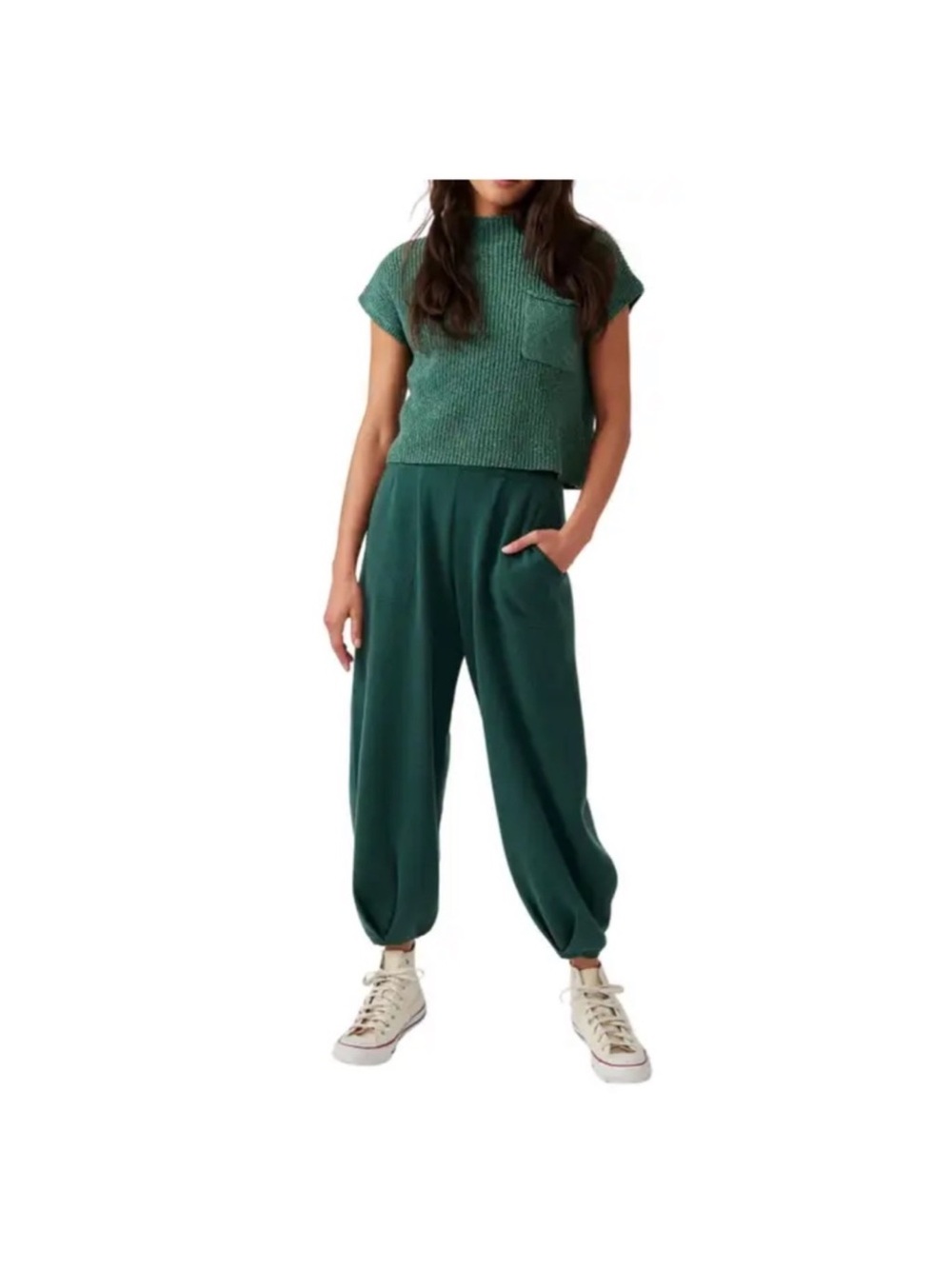 Free People Free-est Freya Short Sleeve Sweater & Pants Set- Green, Size Medium